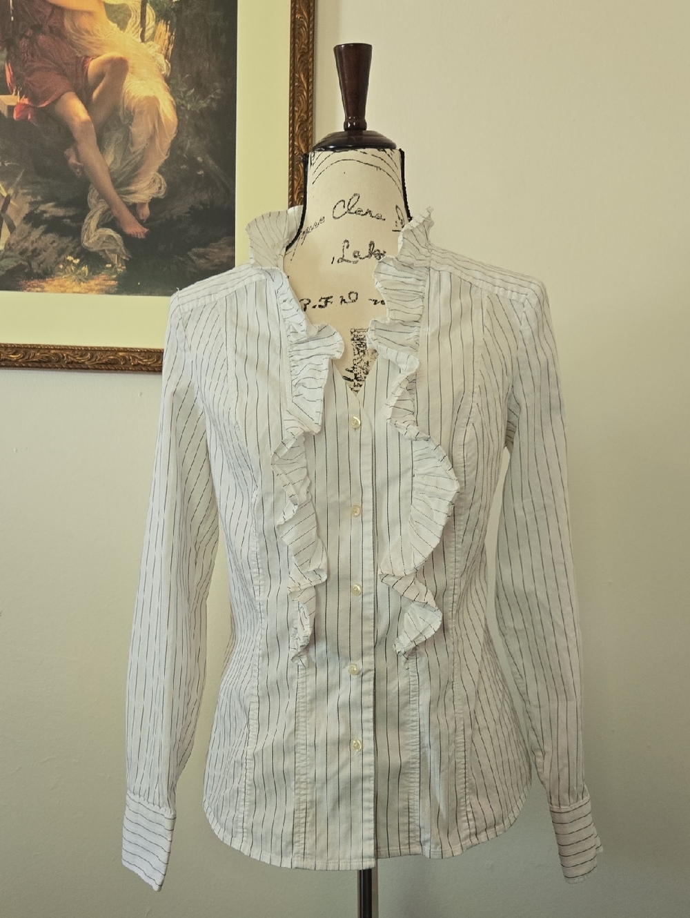 LOFT White Pinstripe Ruffle Button-Down Shirt
